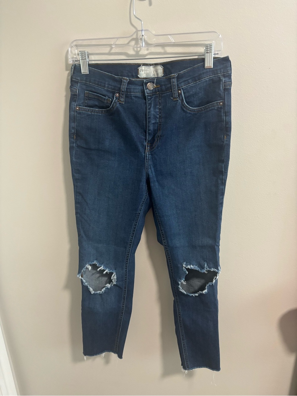 Free People Dark Blue Distressed Cropped Jeans